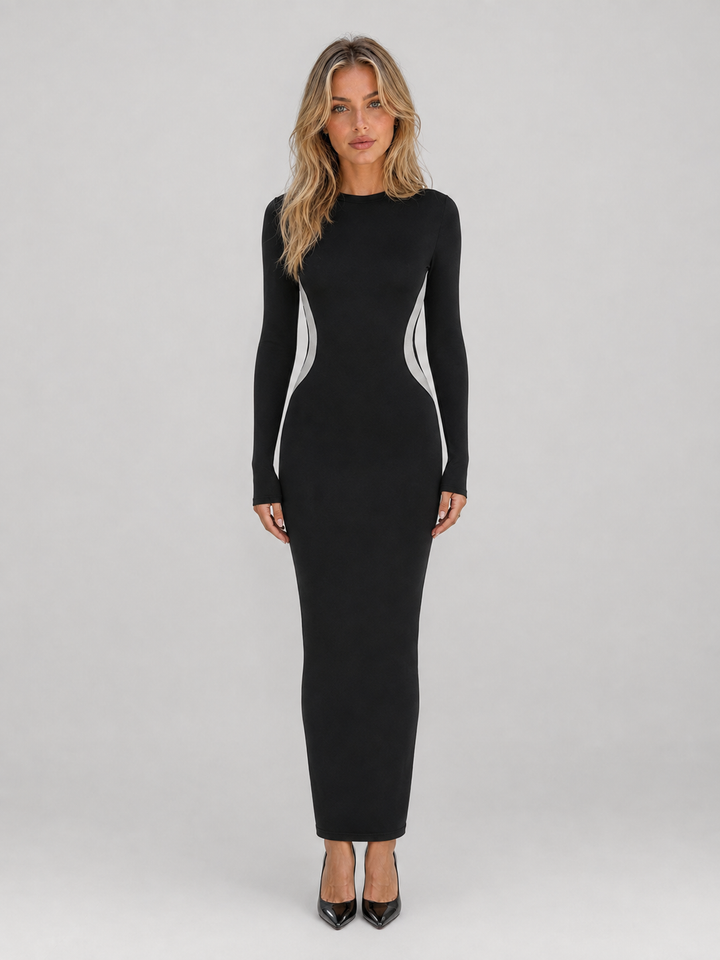 Women's Slim Fit Bodycon Long Sleeve Maxi Dress in Black