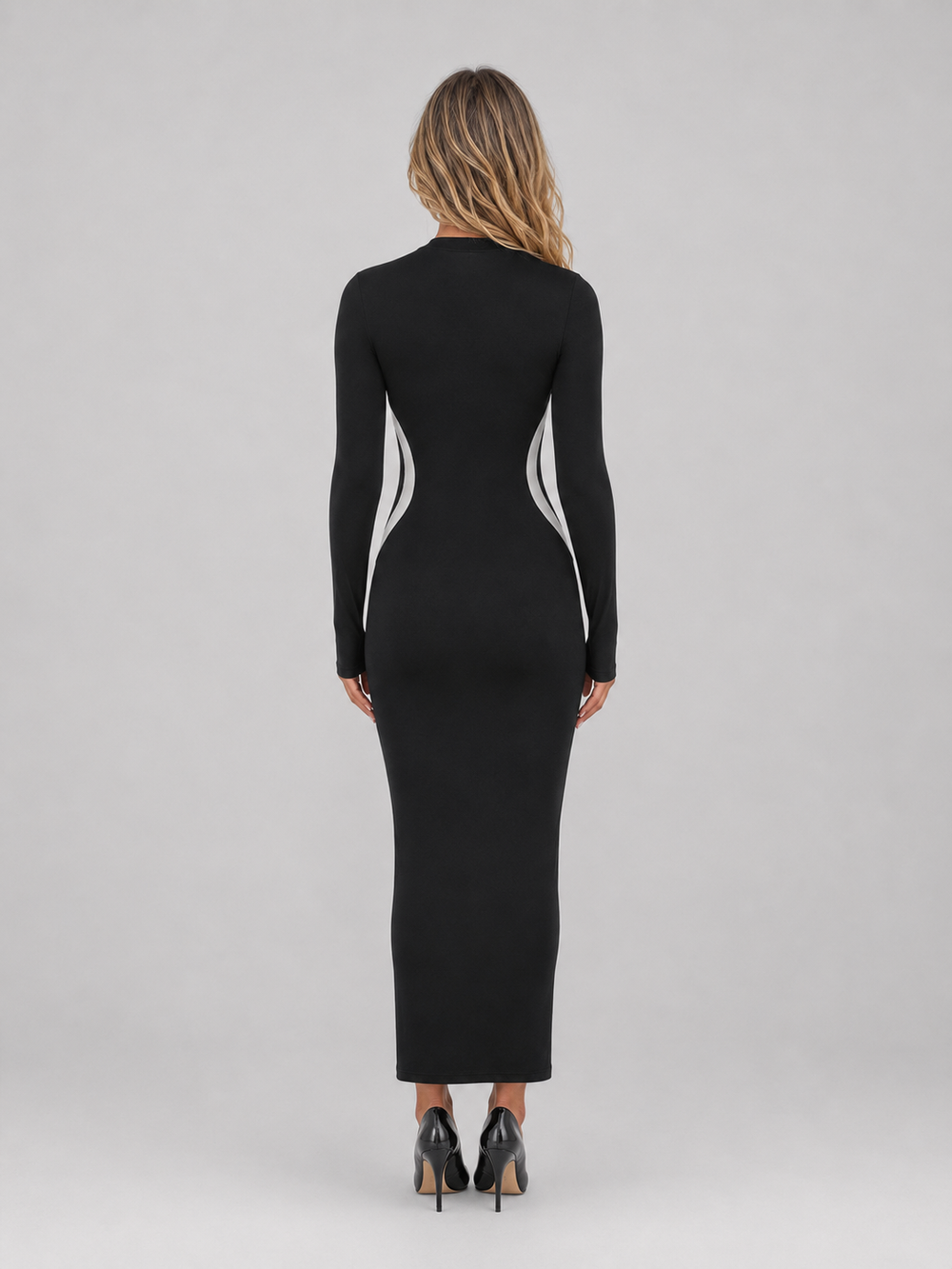 Women's Slim Fit Bodycon Long Sleeve Maxi Dress in Black