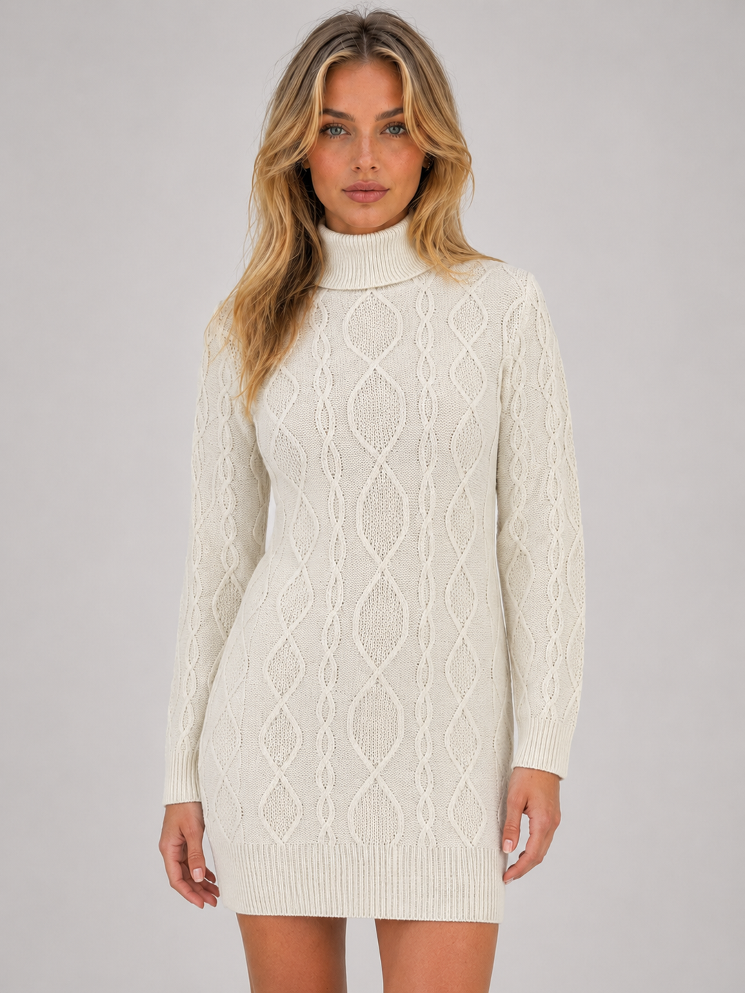 Women's Classic Cable Knit Roll Neck Mini Dress