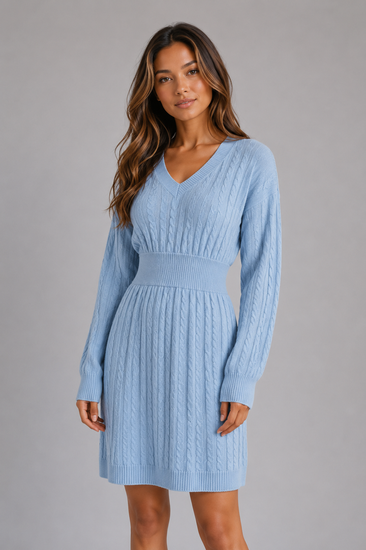 Women's Classic Cable Knit V-Neck Midi Dress with Shirred Waist