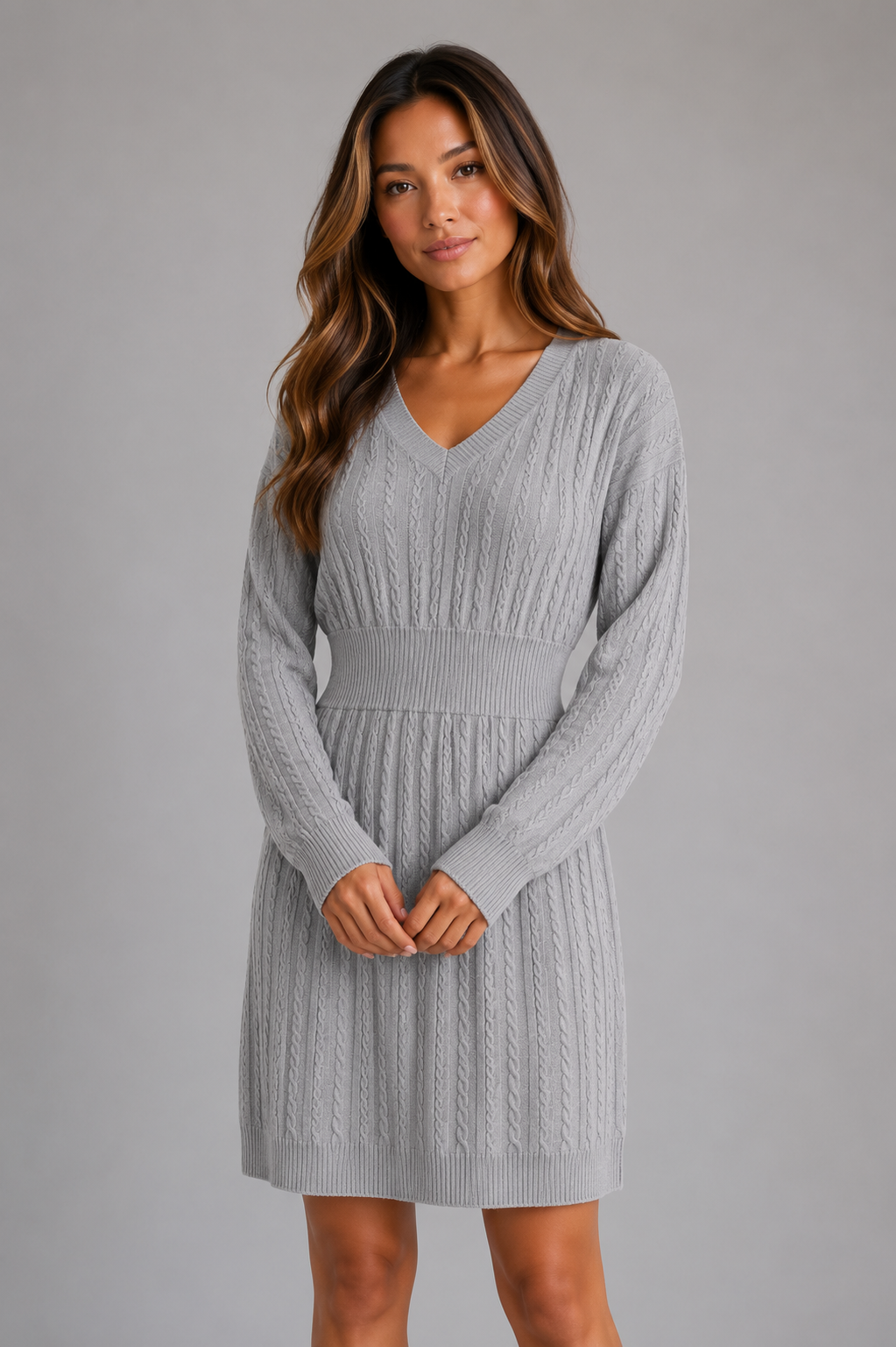 Women's Classic Cable Knit V-Neck Midi Dress with Shirred Waist