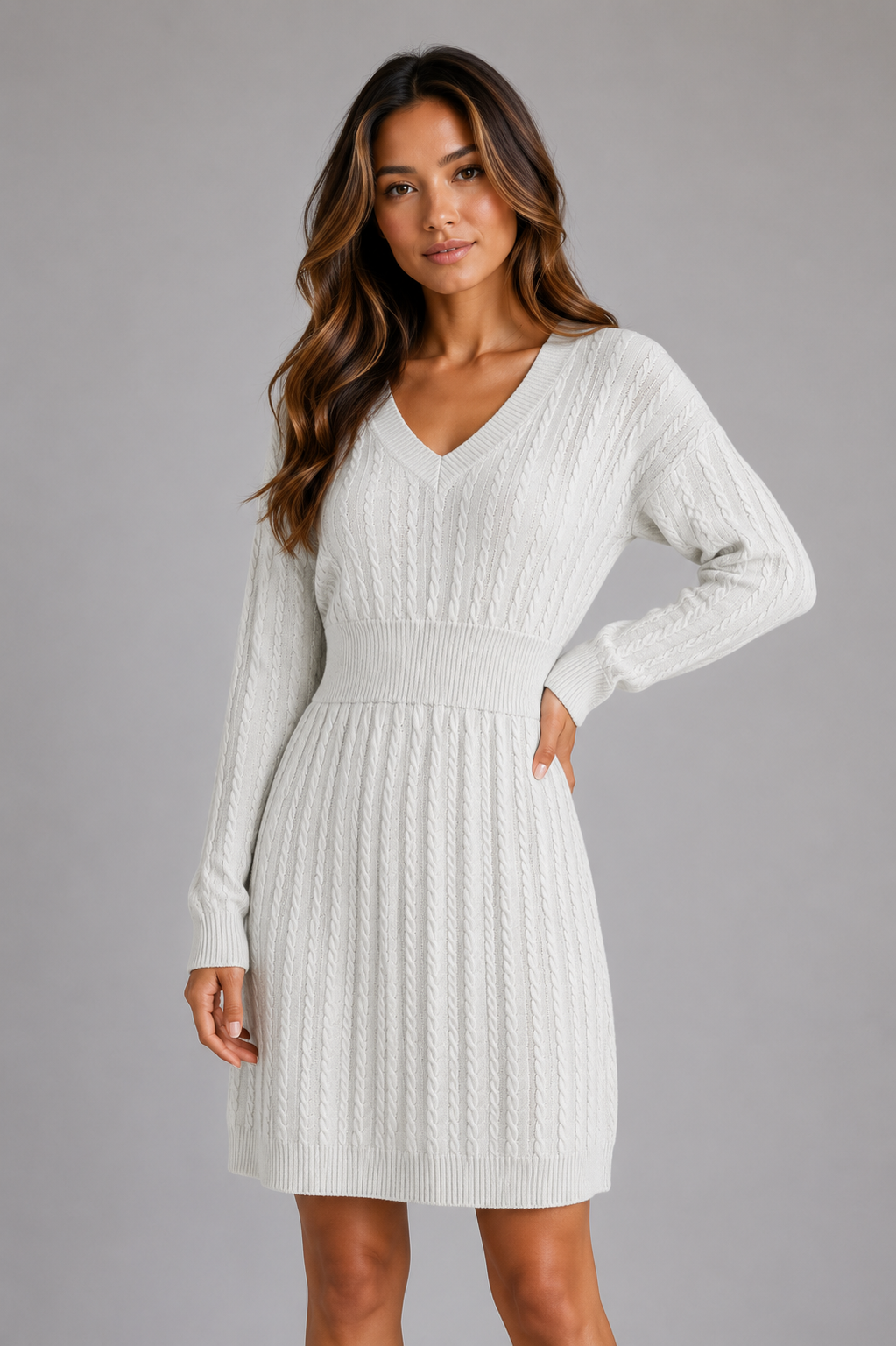 Women's Classic Cable Knit V-Neck Midi Dress with Shirred Waist