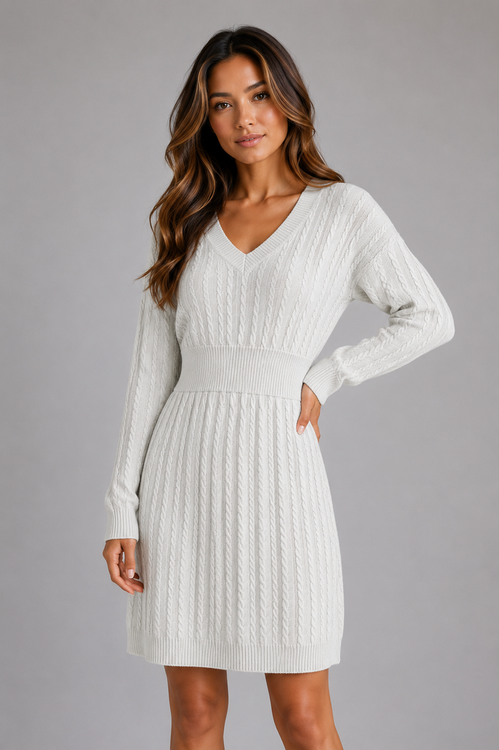 Women's Classic Cable Knit V-Neck Midi Dress with Shirred Waist