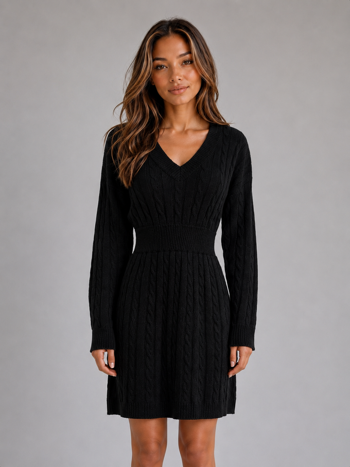 Women's Classic Cable Knit V-Neck Midi Dress with Shirred Waist