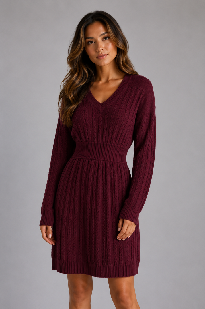 Women's Classic Cable Knit V-Neck Midi Dress with Shirred Waist