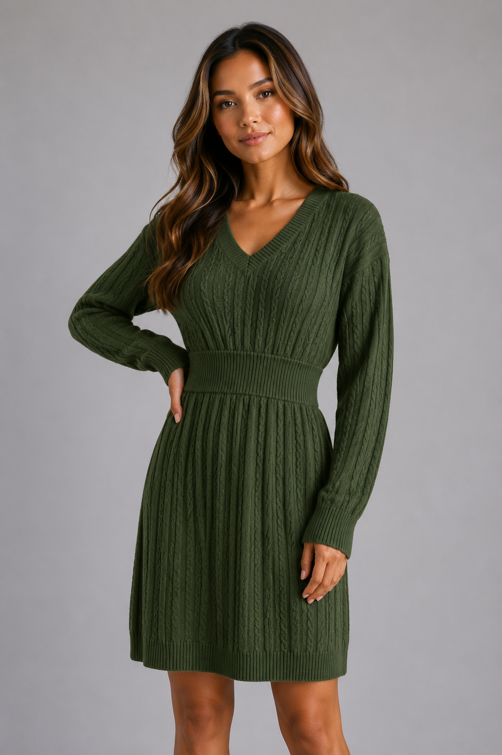 Women's Classic Cable Knit V-Neck Midi Dress with Shirred Waist