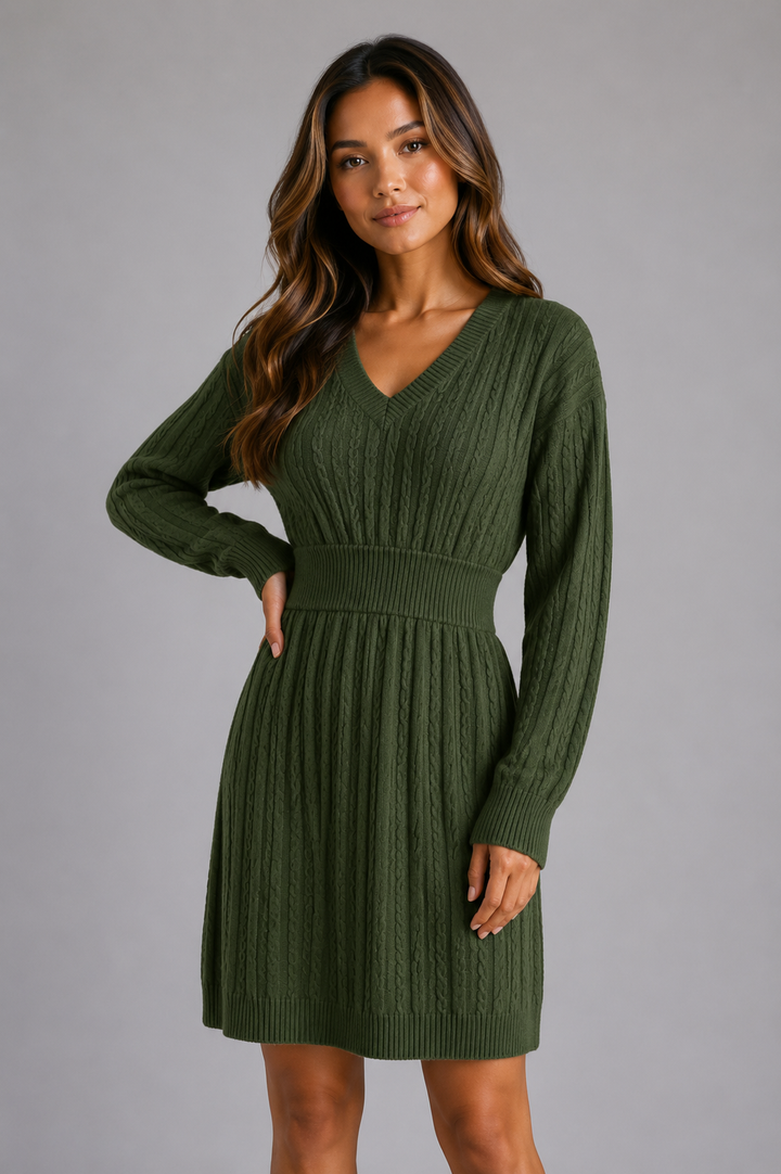 Women's Classic Cable Knit V-Neck Midi Dress with Shirred Waist