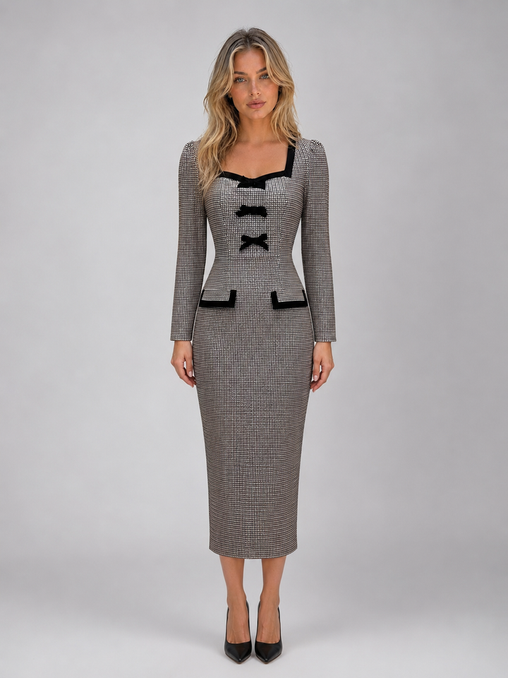 Women's Classic Cotton Check Square Neck Midi Pencil Dress
