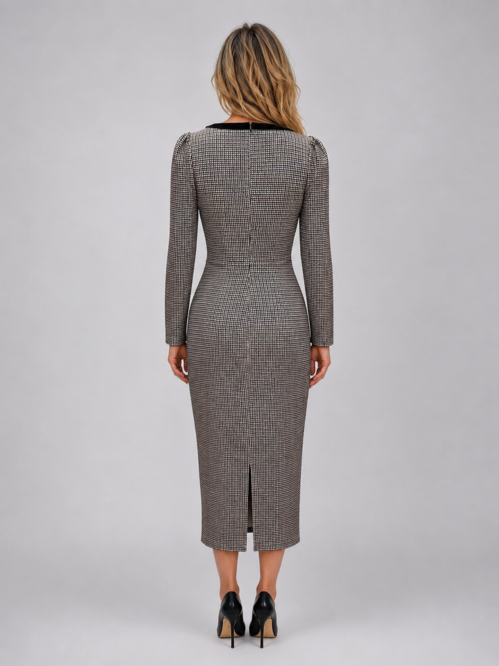 Women's Classic Cotton Check Square Neck Midi Pencil Dress