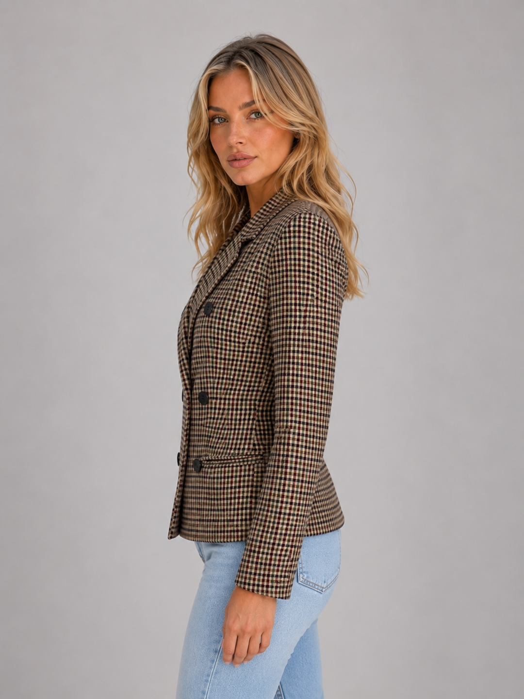 Women's Tailored Checked Double Breasted Blazer Jacket