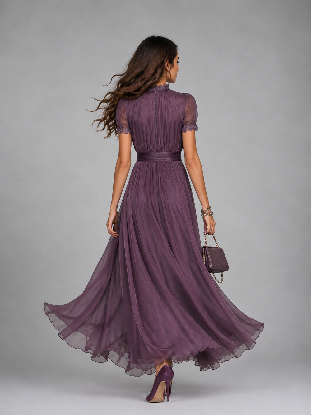 Women's Elegant Chiffon Lace Trim Maxi Dress