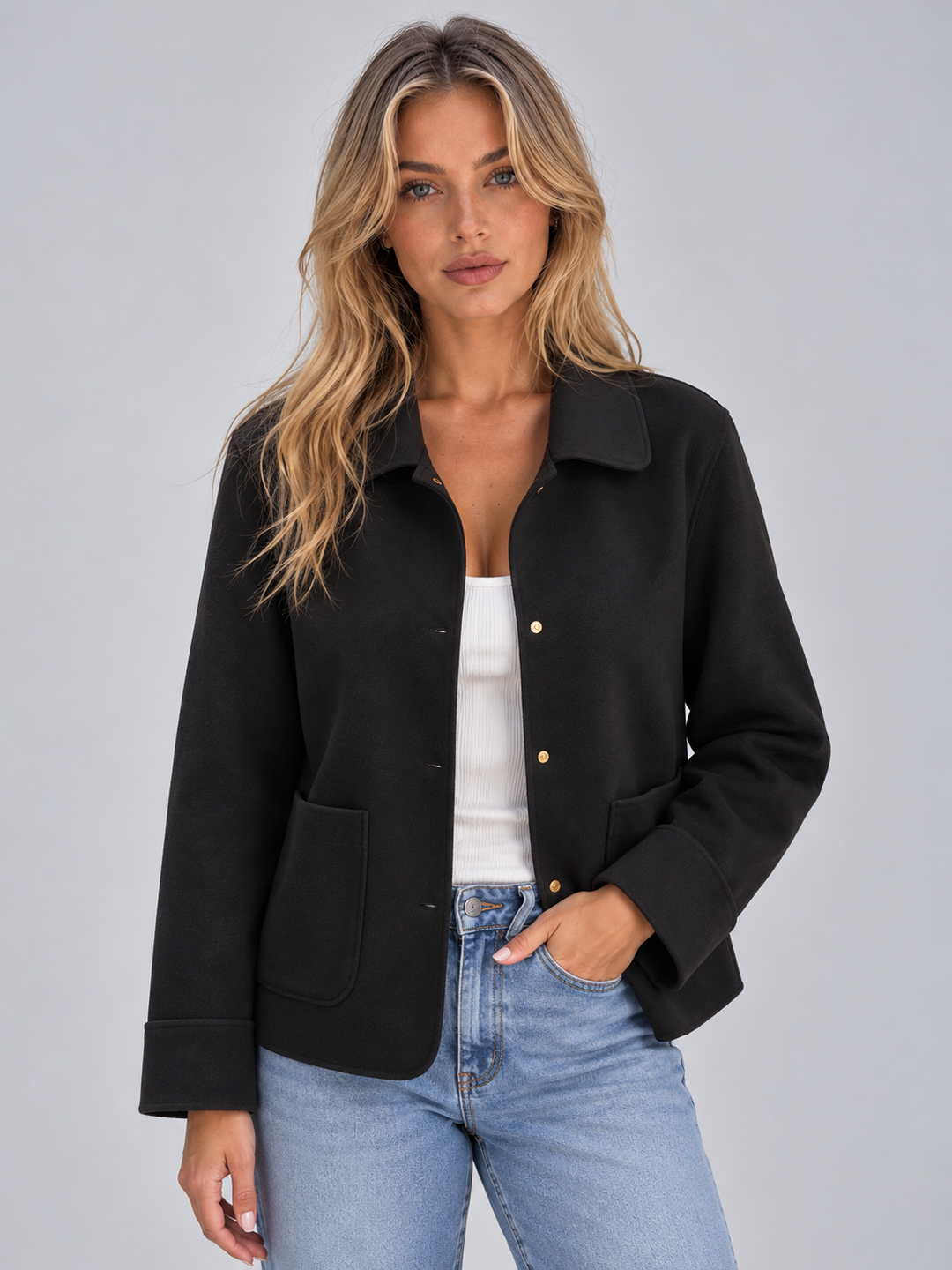 Women's Casual Cotton Collared Button-Up Overshirt Jacket