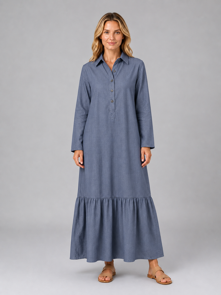 Women's Casual Cotton Blend Tiered Maxi Shirt Dress