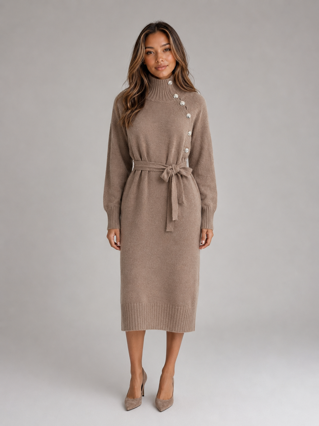 Women's Casual Cotton Knit Roll Neck Midi Dress with Belt
