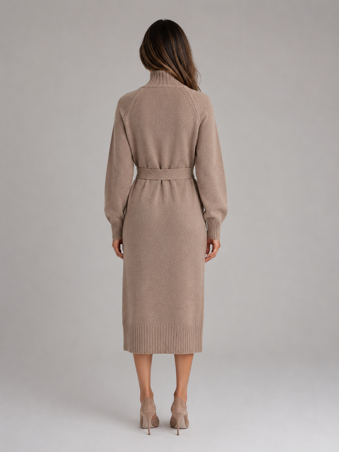 Women's Casual Cotton Knit Roll Neck Midi Dress with Belt