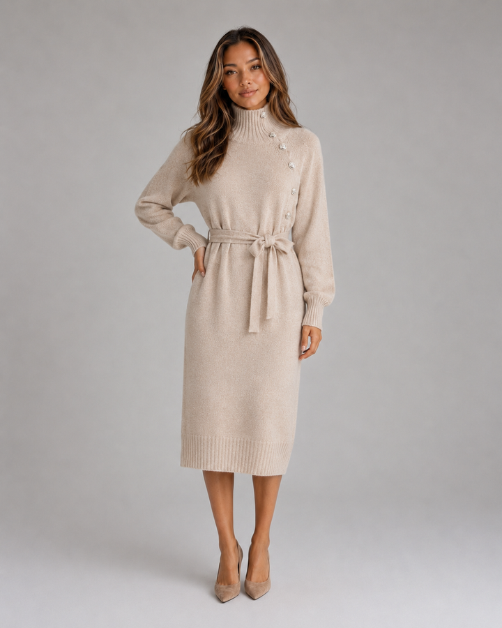Women's Casual Cotton Knit Roll Neck Midi Dress with Belt