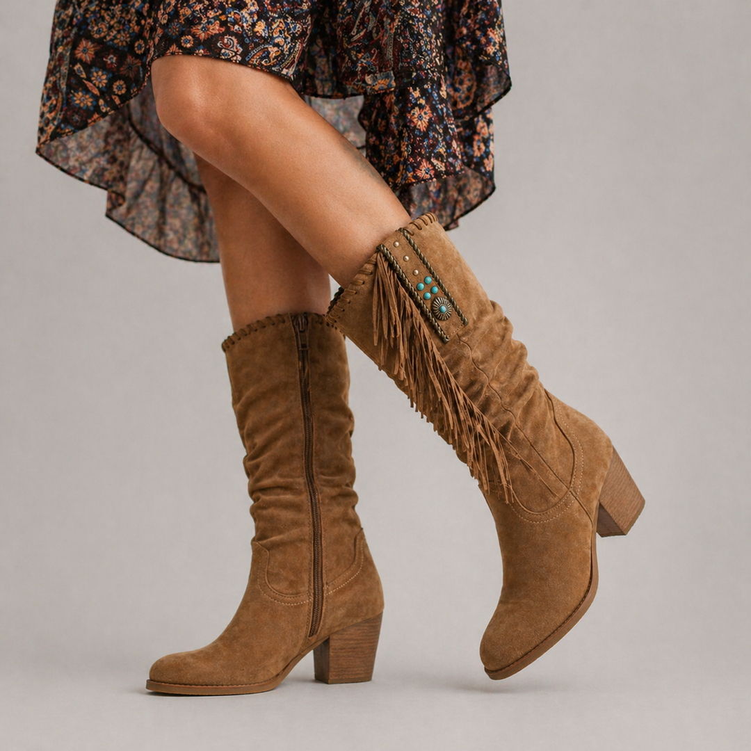 Women's Classic Leather Mid-Calf Cowboy Boots with Fringe