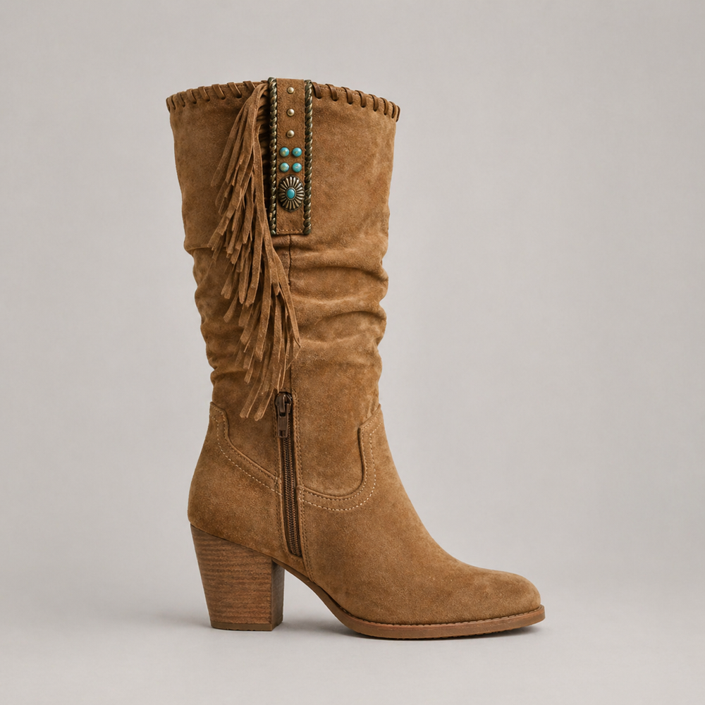 Women's Classic Leather Mid-Calf Cowboy Boots with Fringe