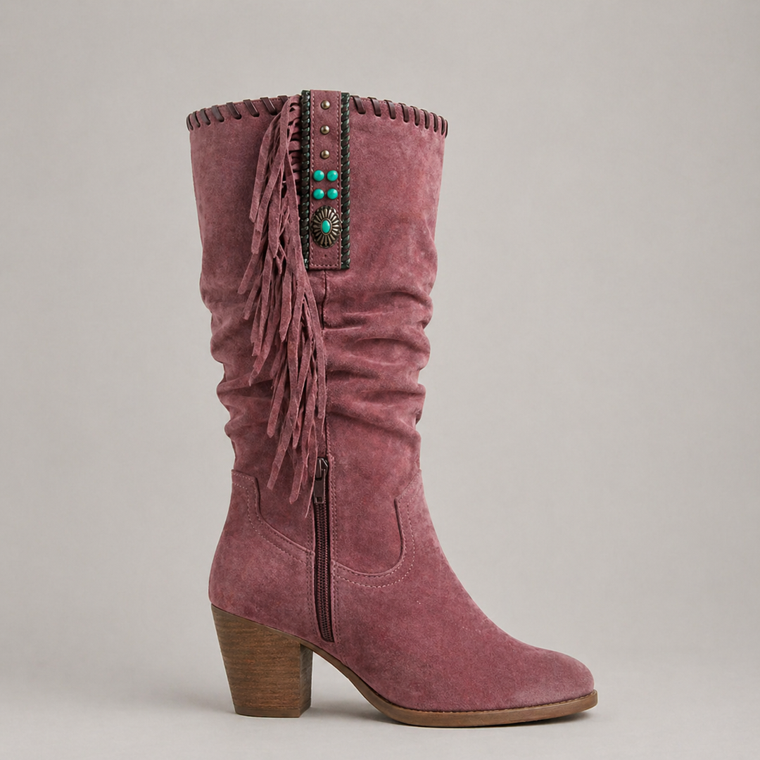Women's Classic Leather Mid-Calf Cowboy Boots with Fringe
