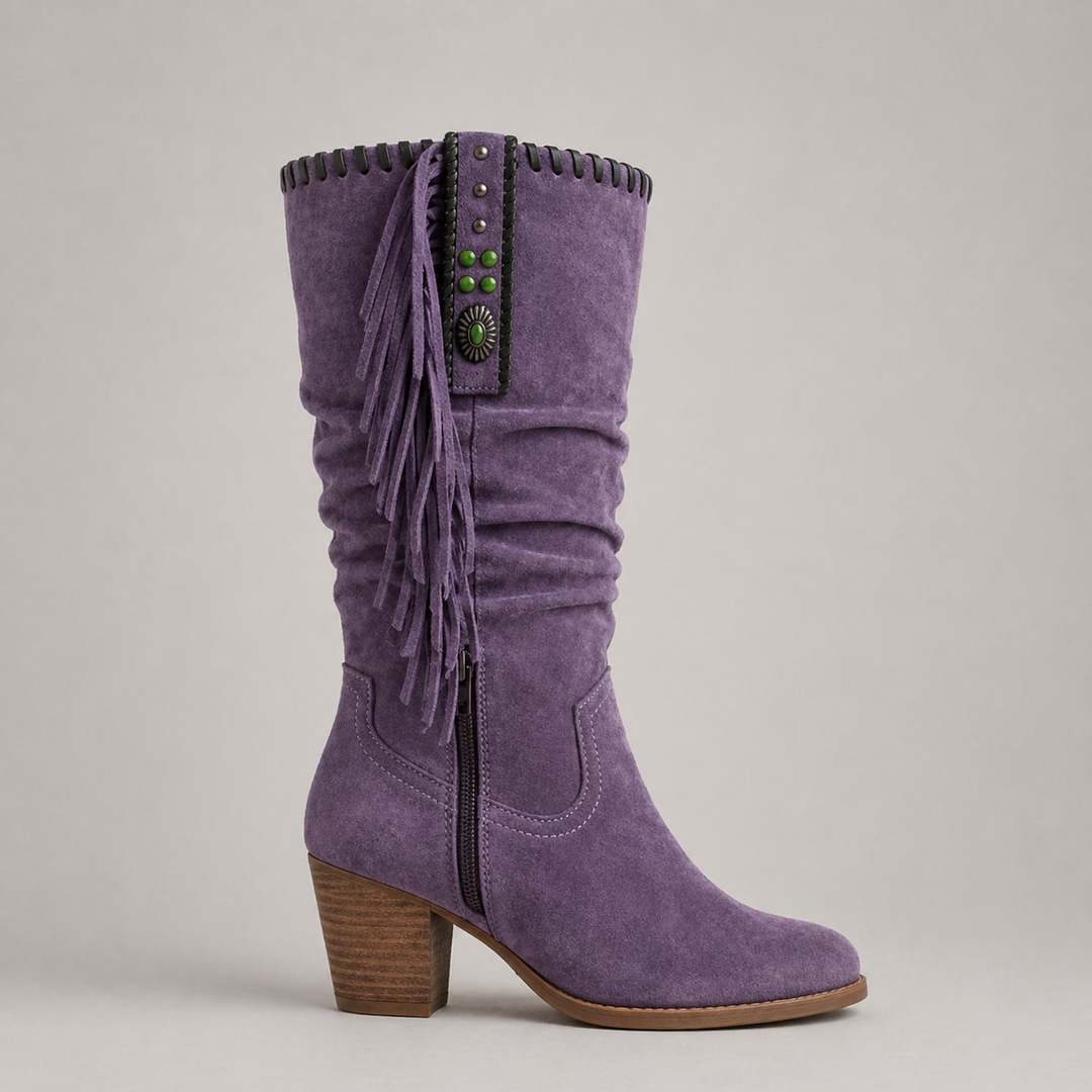 Women's Classic Leather Mid-Calf Cowboy Boots with Fringe