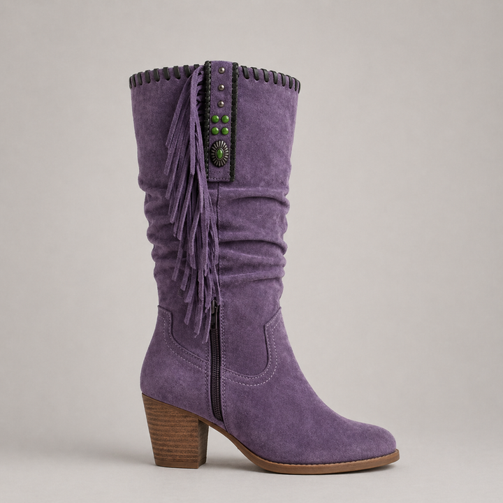Women's Classic Leather Mid-Calf Cowboy Boots with Fringe