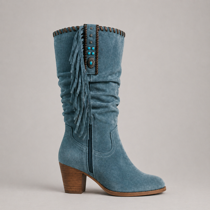 Women's Classic Leather Mid-Calf Cowboy Boots with Fringe