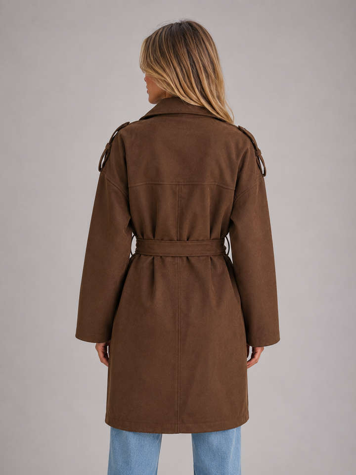 Women's Classic Suede Look Belted Long Trench Coat