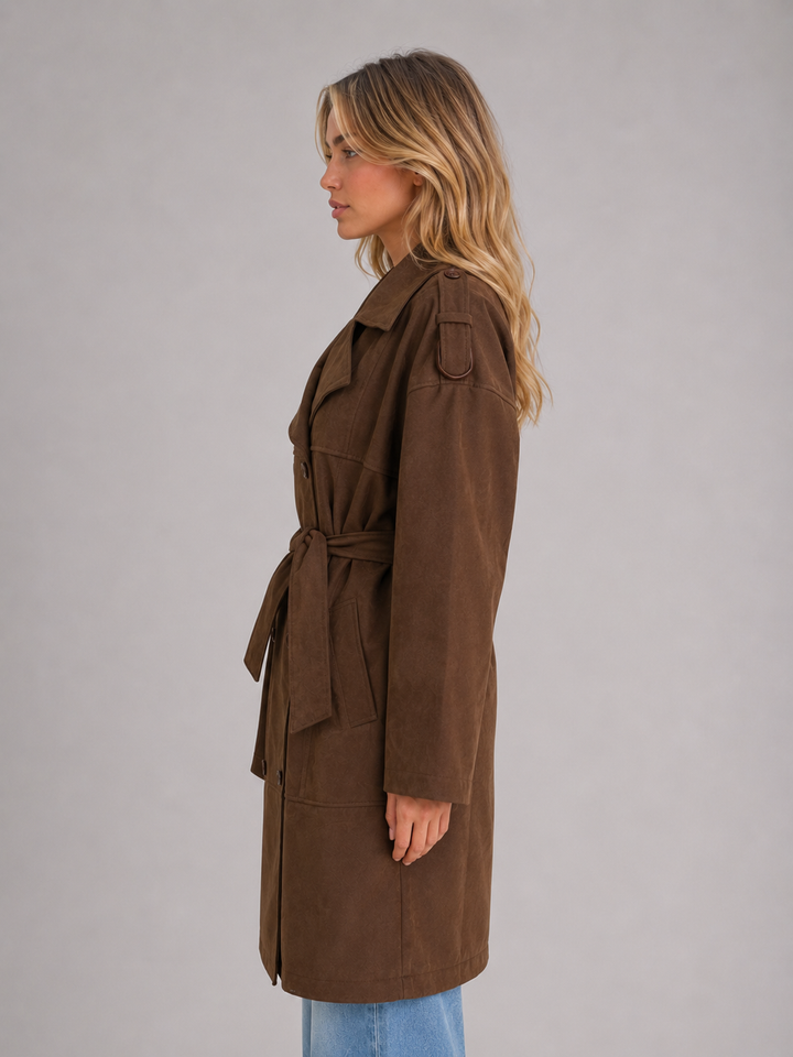 Women's Classic Suede Look Belted Long Trench Coat