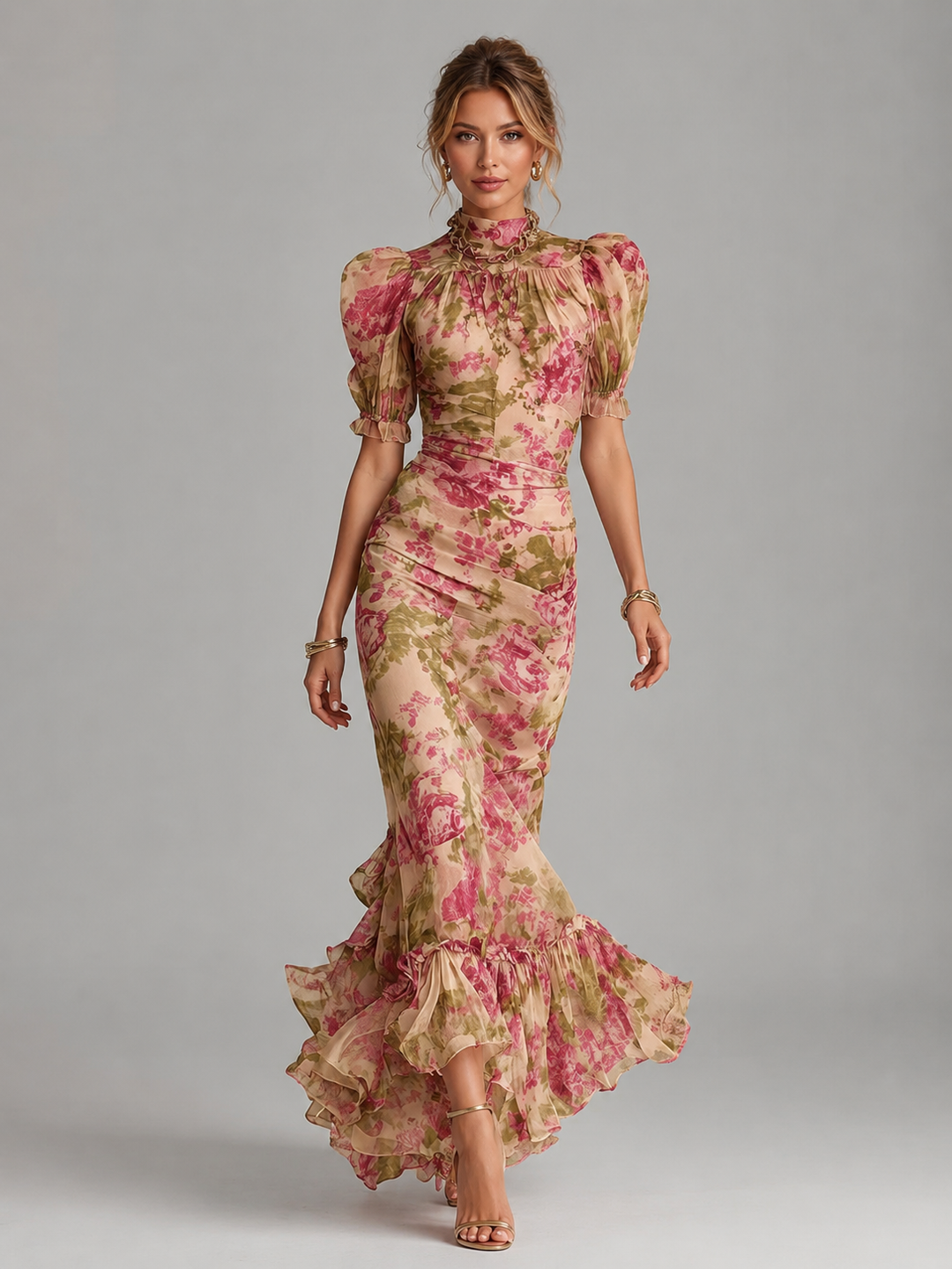 Women's Elegant Floral Chiffon Maxi Dress with Puff Sleeves