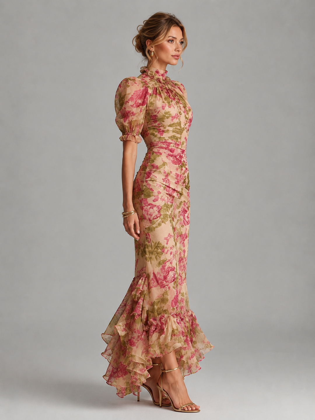 Women's Elegant Floral Chiffon Maxi Dress with Puff Sleeves