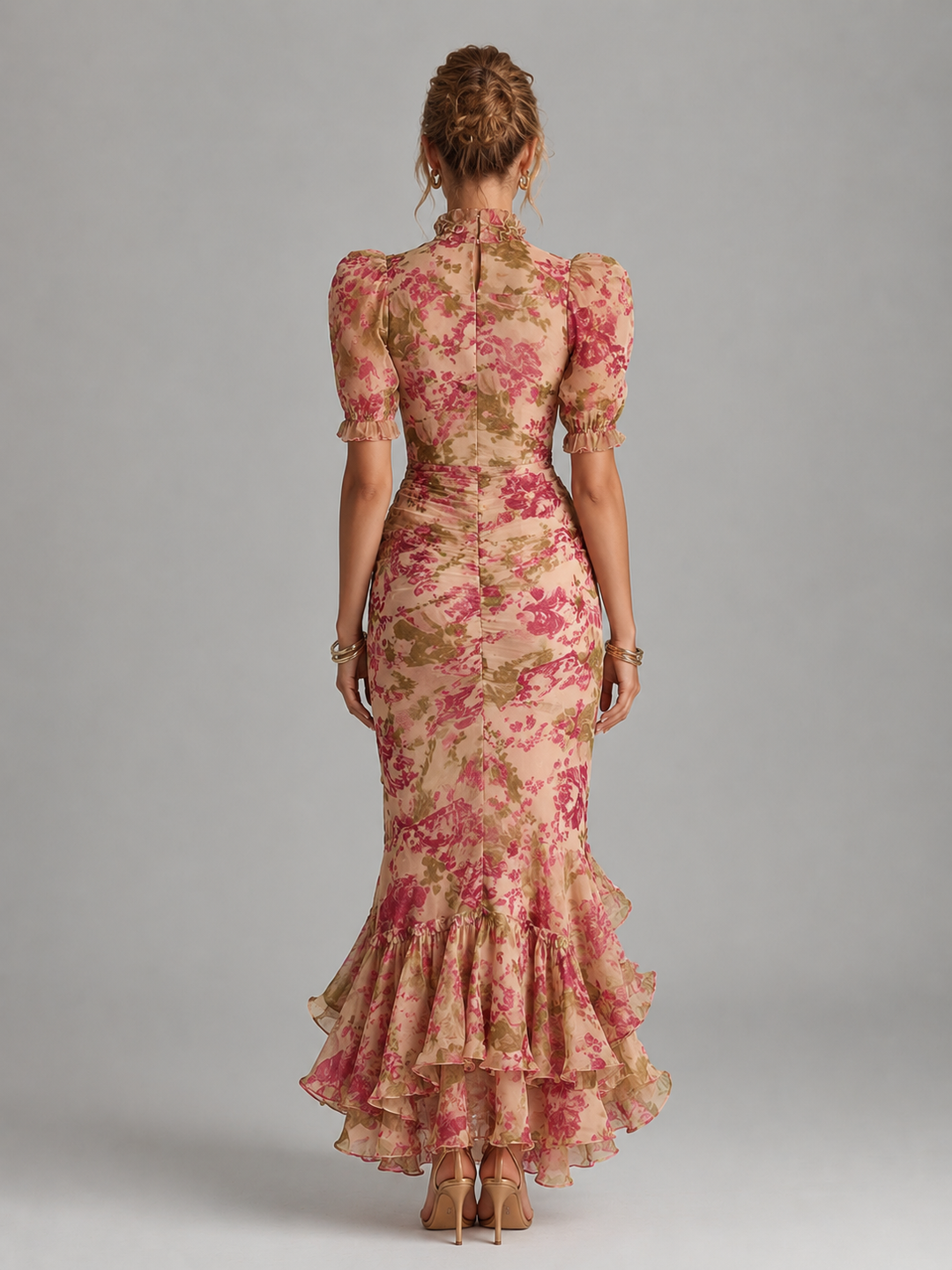 Women's Elegant Floral Chiffon Maxi Dress with Puff Sleeves