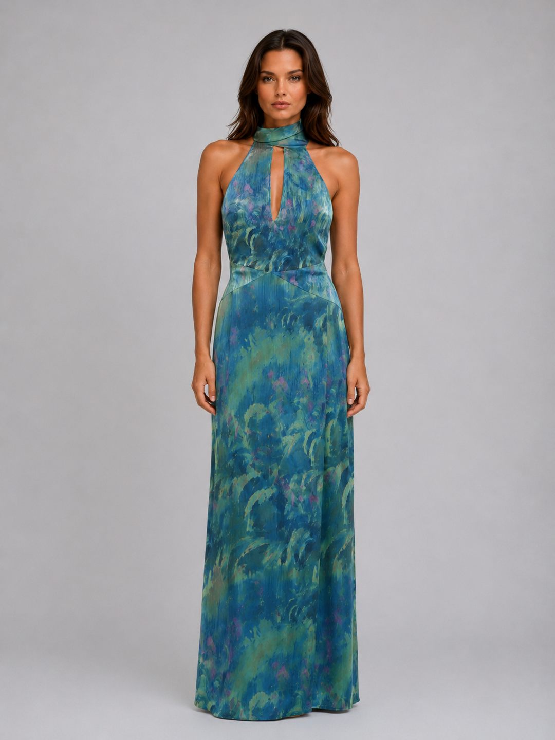 Women's Elegant Floral Chiffon Maxi Dress with Scarf Neck