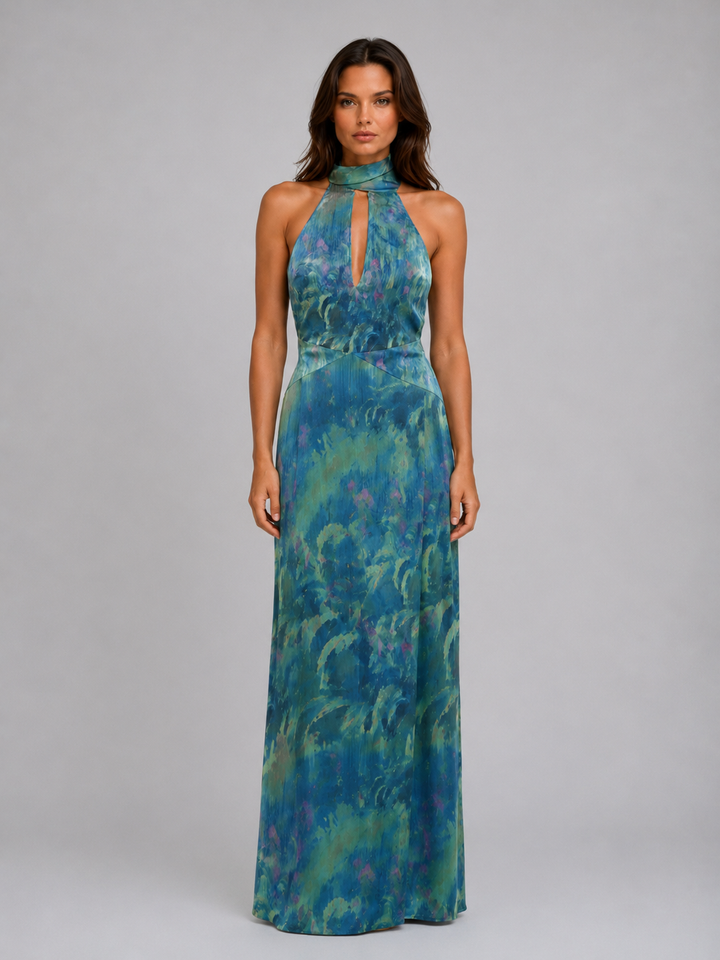 Women's Elegant Floral Chiffon Maxi Dress with Scarf Neck