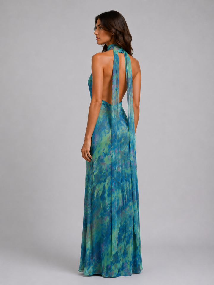 Women's Elegant Floral Chiffon Maxi Dress with Scarf Neck