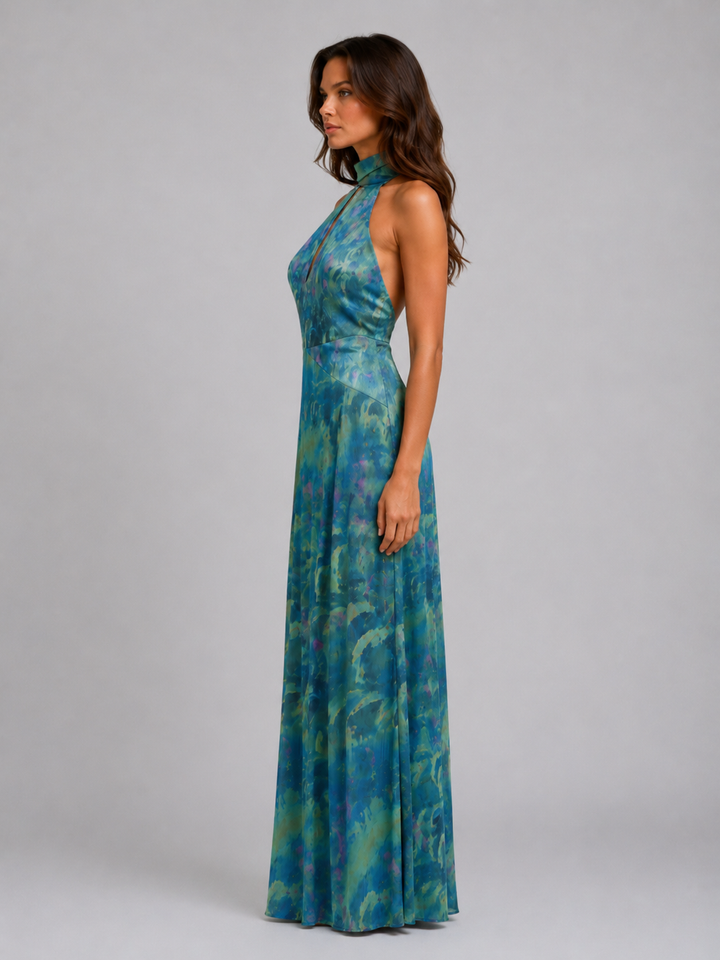Women's Elegant Floral Chiffon Maxi Dress with Scarf Neck