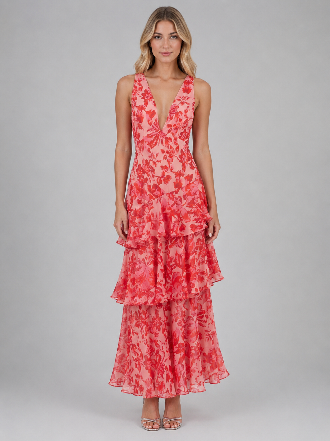 Women's Elegant Floral Chiffon Ruffle Maxi Dress