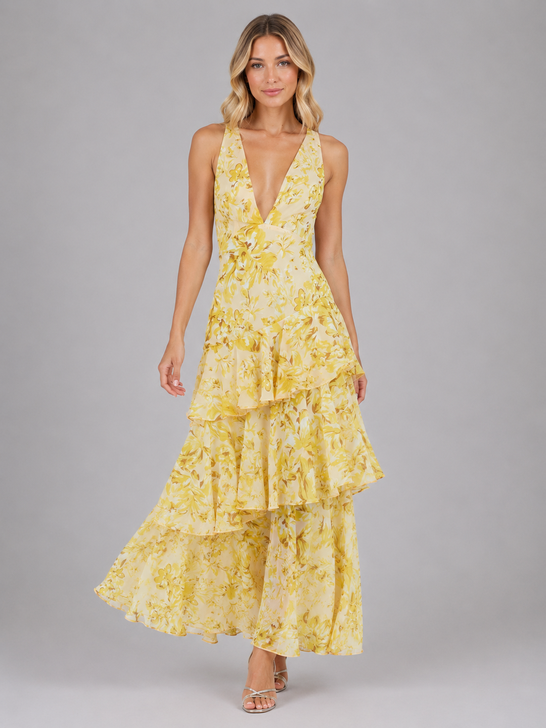 Women's Elegant Floral Chiffon Ruffle Maxi Dress