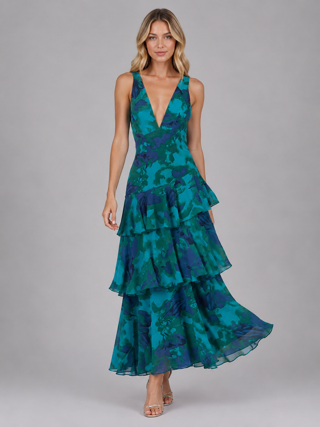Women's Elegant Floral Chiffon Ruffle Maxi Dress
