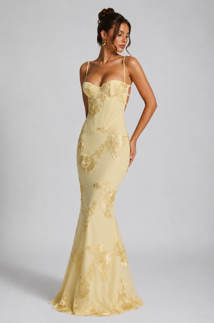 Women's Elegant Floral Corset Maxi Dress with Sculpted Silhouette