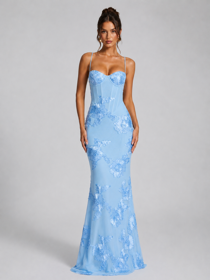 Women's Elegant Floral Corset Maxi Dress with Sculpted Silhouette