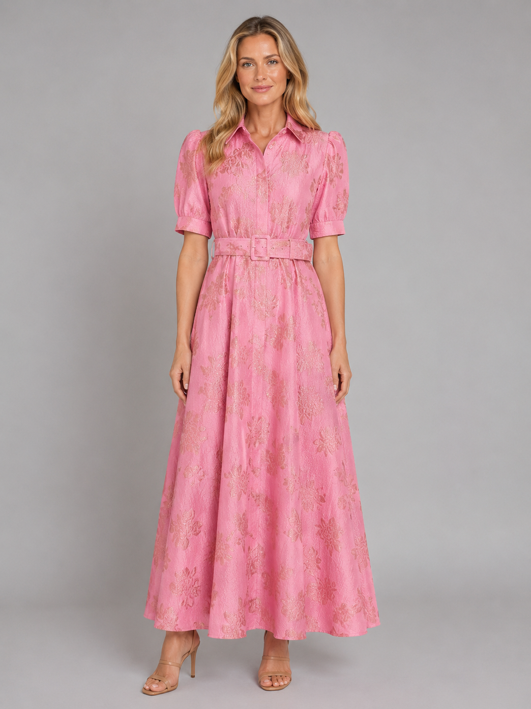 Women's Elegant Floral Jacquard Maxi Dress with Belted Waist