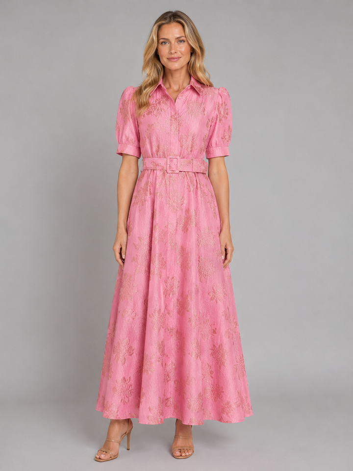Women's Elegant Floral Jacquard Maxi Dress with Belted Waist