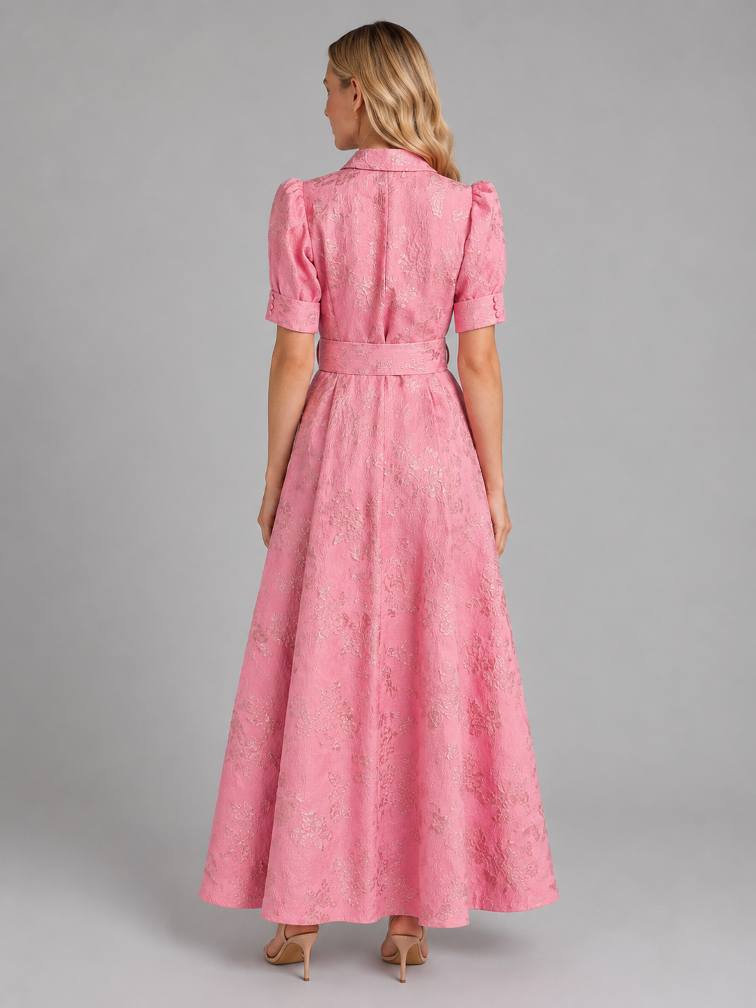 Women's Elegant Floral Jacquard Maxi Dress with Belted Waist