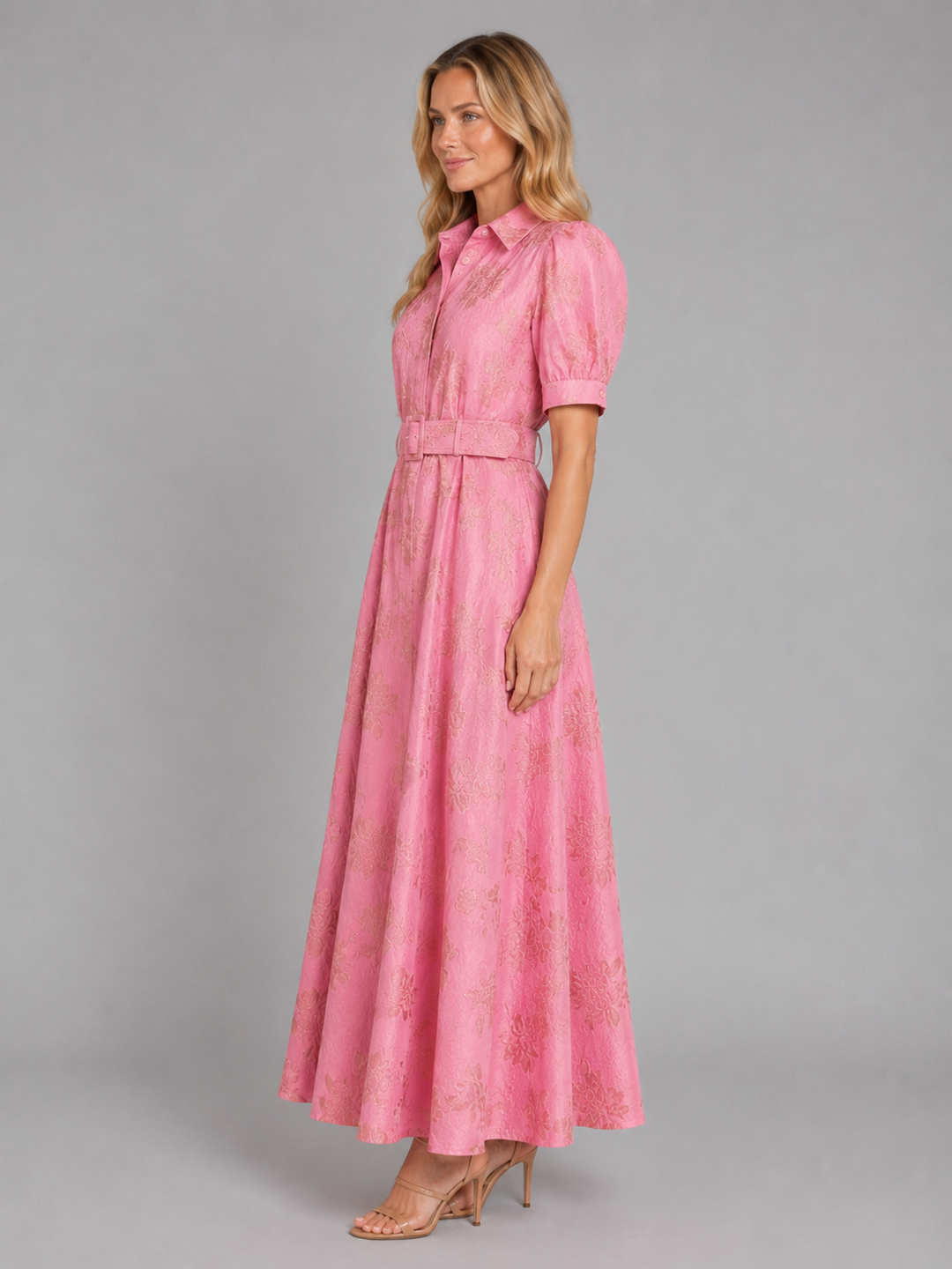 Women's Elegant Floral Jacquard Maxi Dress with Belted Waist