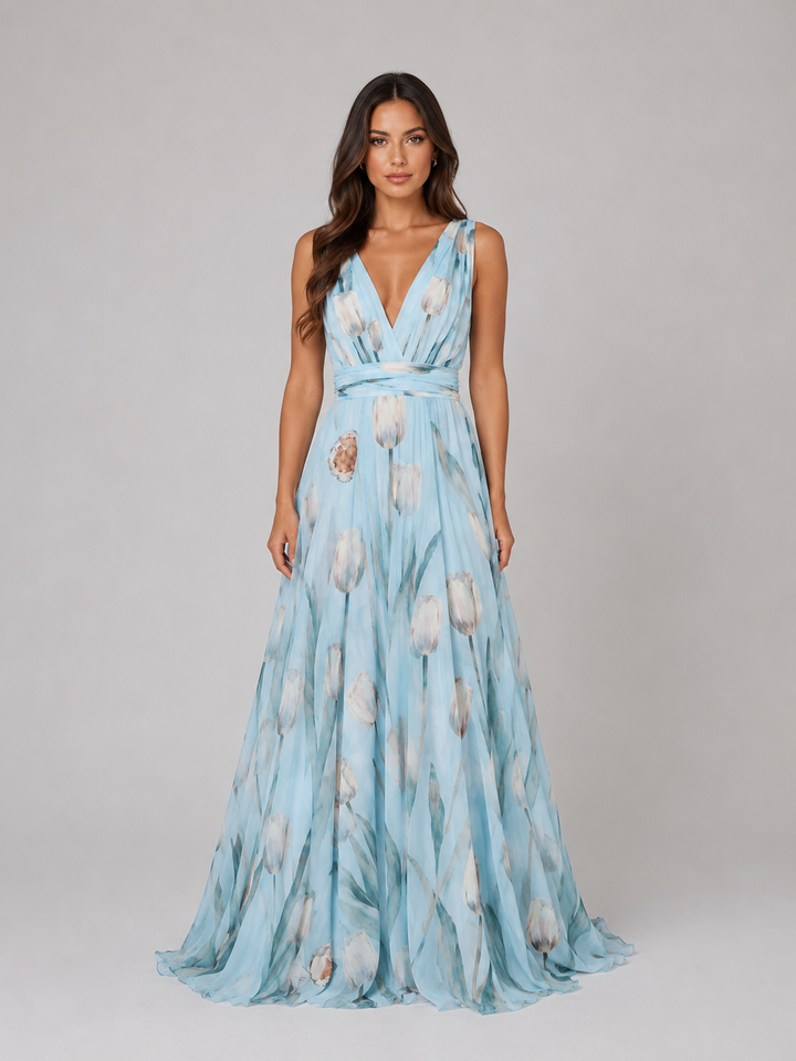 Women's Elegant Floral V-Neck Maxi Dress with Cinched Waist
