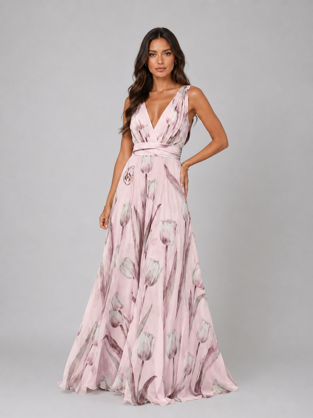 Women's Elegant Floral V-Neck Maxi Dress with Cinched Waist