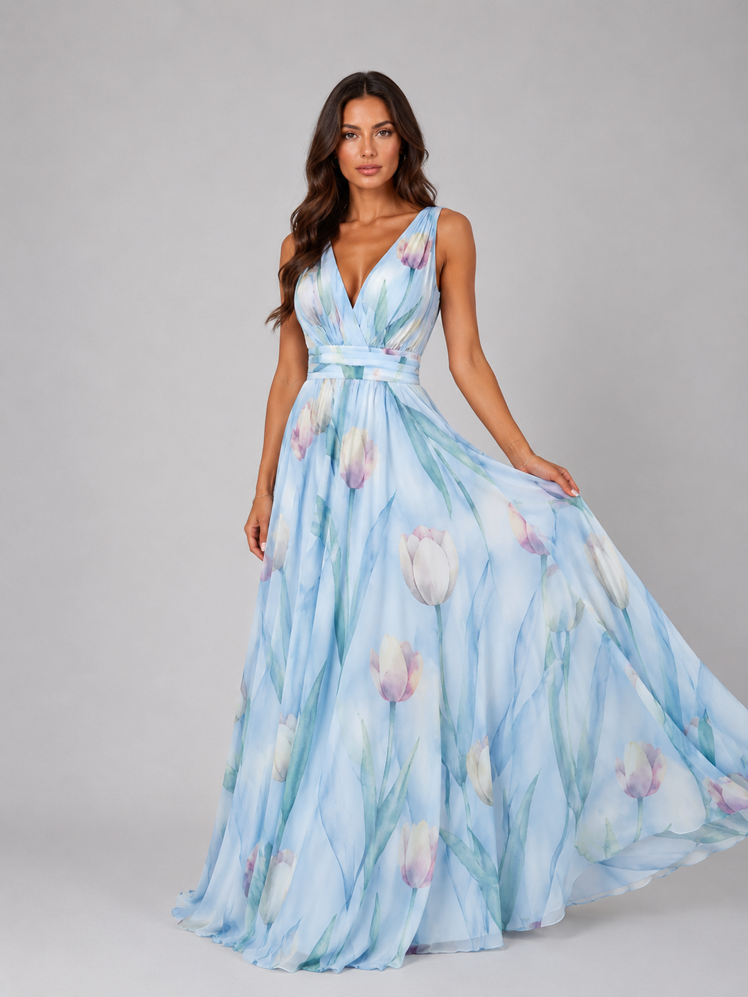 Women's Elegant Floral V-Neck Maxi Dress with Cinched Waist