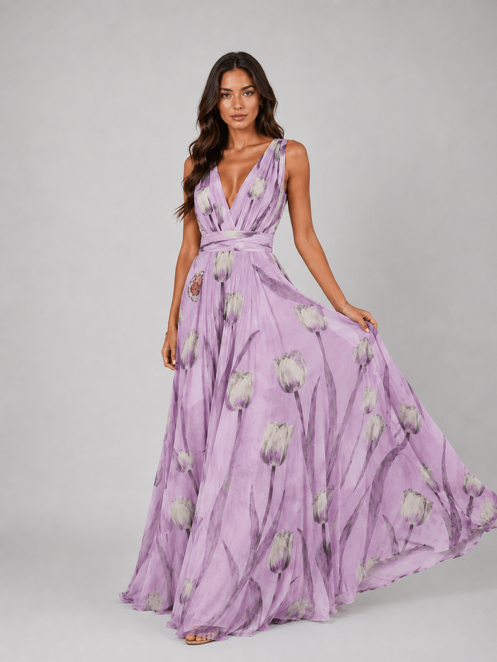 Women's Elegant Floral V-Neck Maxi Dress with Cinched Waist