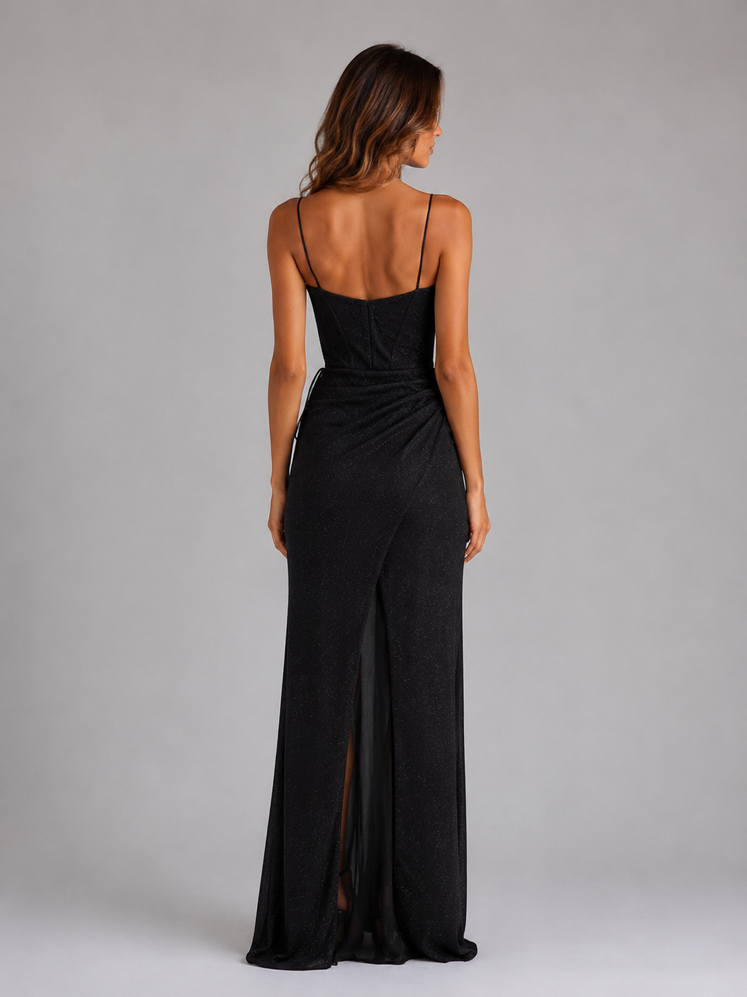 Women's Elegant Glitter Corset Maxi Dress with Thigh Split