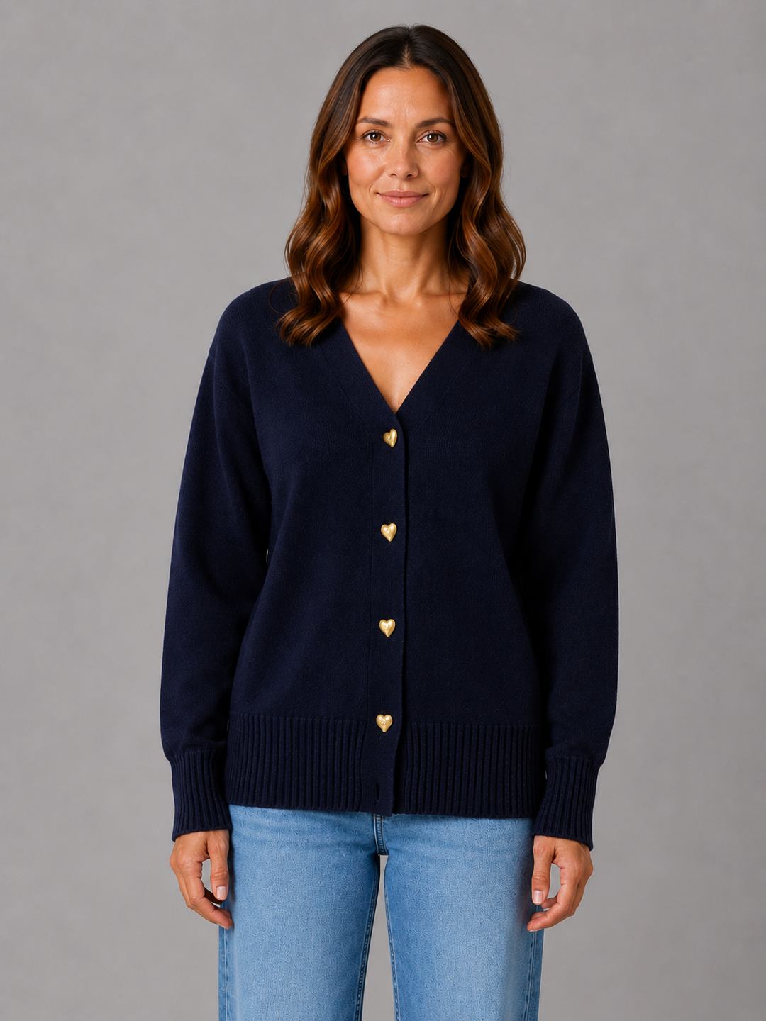 Women's Classic Soft Knit V-Neck Cardigan with Heart Buttons
